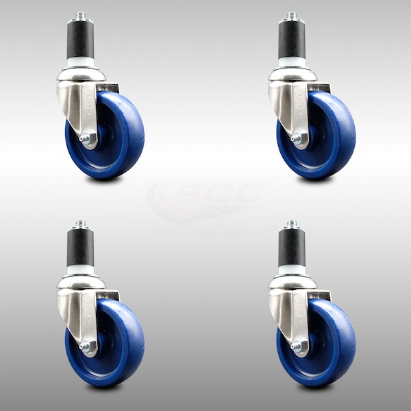 4 Inch 316SS Solid Polyurethane Swivel 1-1/2 Inch Expanding Stem Caster Set SCC